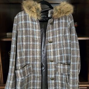 Apt. 9 Brown and Blue Plaid Coat with Faux Fur Collar